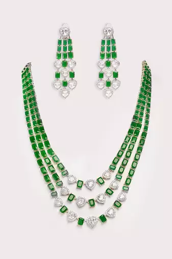 Silver plated green stone necklace set