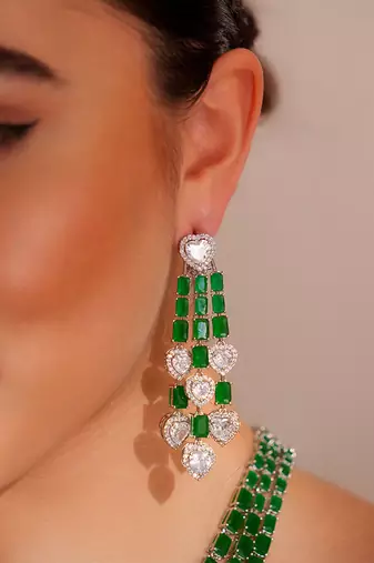 Silver plated green stone necklace set