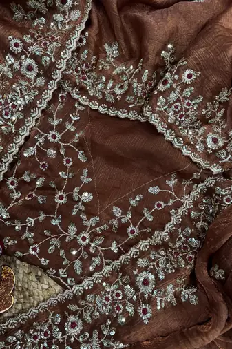 Fendy Chiffon fabric with embroidery sequence cut work lace