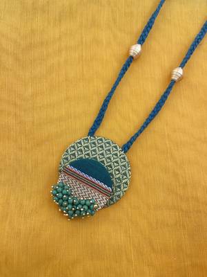 Green long necklace, golden paper bead fabric jewellery 2