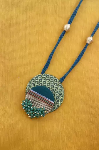 Green long necklace, golden paper bead fabric jewellery