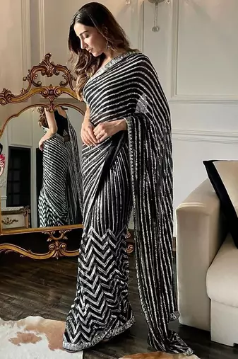 New Georgette Embroidered Sequence Worked Saree With Blouse Set 