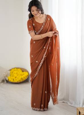 rust georgette saree with embroidery & moti work and unstitched blouse party & wedding wear 1