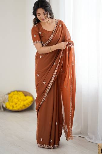 rust georgette saree with embroidery & moti work and unstitched blouse – party & wedding wear