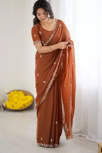 rust georgette saree with embroidery & moti work and unstitched blouse – party & wedding wear