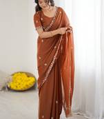 rust georgette saree with embroidery & moti work and unstitched blouse   party & wedding wear