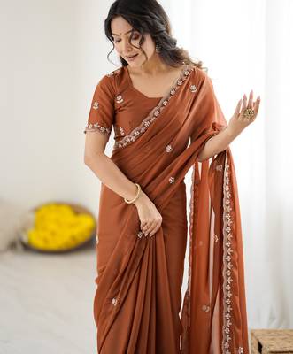 rust georgette saree with embroidery & moti work and unstitched blouse party & wedding wear 2
