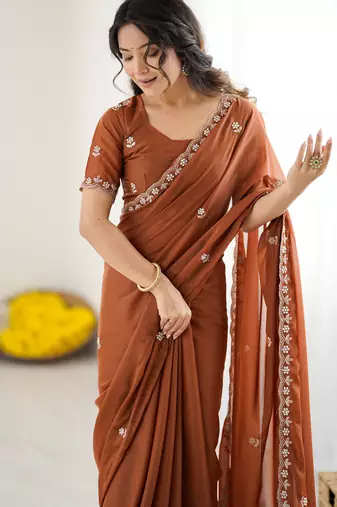 rust georgette saree with embroidery & moti work and unstitched blouse party & wedding wear