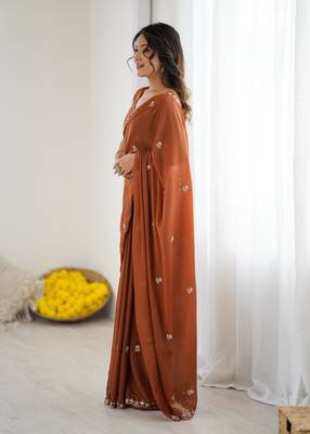 rust georgette saree with embroidery & moti work and unstitched blouse party & wedding wear 3