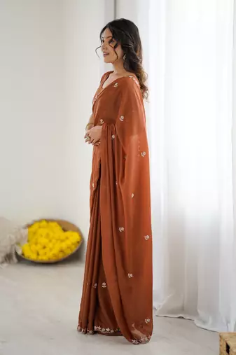 rust georgette saree with embroidery & moti work and unstitched blouse party & wedding wear