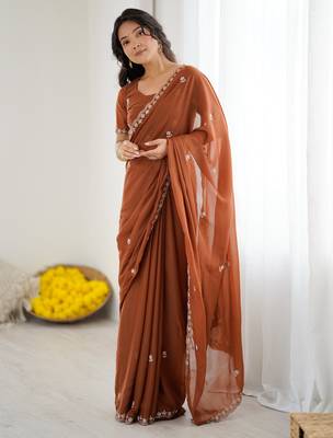 rust georgette saree with embroidery & moti work and unstitched blouse party & wedding wear 4