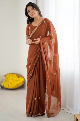 rust georgette saree with embroidery & moti work and unstitched blouse party & wedding wear