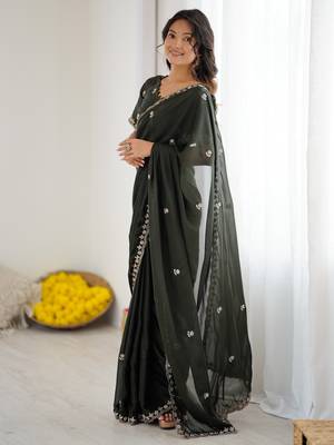 mehendi green georgette saree with embroidery & moti work and unstitched blouse elegant party wear saree 1