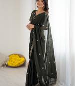 mehendi green georgette saree with embroidery & moti work and unstitched blouse   elegant party wear saree