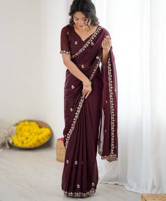dark purple georgette saree with embroidery & moti work and unstitched blouse premium wedding saree 1