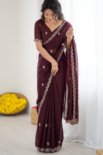 dark purple georgette saree with embroidery & moti work and unstitched blouse – premium wedding saree