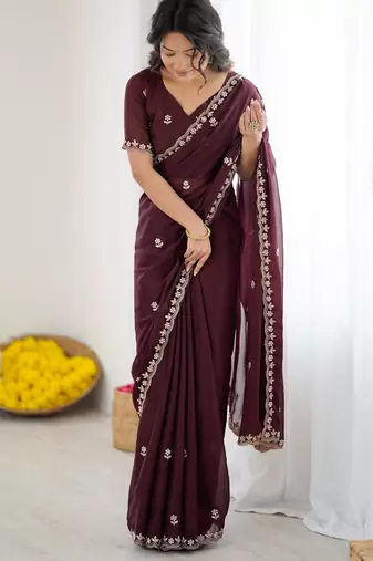 dark purple georgette saree with embroidery & moti work and unstitched blouse     premium wedding saree