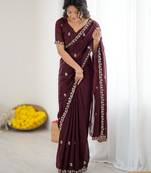 dark purple georgette saree with embroidery & moti work and unstitched blouse   premium wedding saree