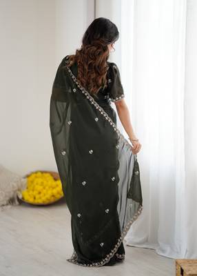 mehendi green georgette saree with embroidery & moti work and unstitched blouse elegant party wear saree 2