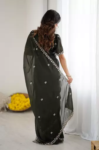 mehendi green georgette saree with embroidery & moti work and unstitched blouse elegant party wear saree