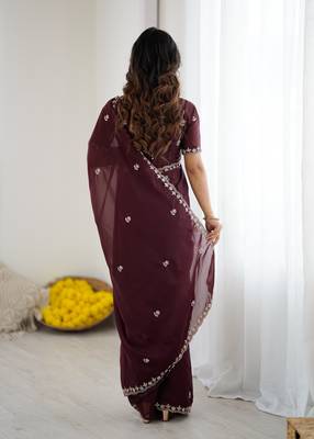 dark purple georgette saree with embroidery & moti work and unstitched blouse premium wedding saree 2