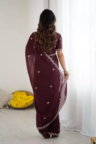 dark purple georgette saree with embroidery & moti work and unstitched blouse premium wedding saree