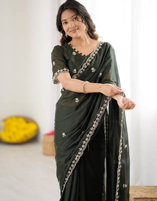 mehendi green georgette saree with embroidery & moti work and unstitched blouse elegant party wear saree 3