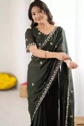 mehendi green georgette saree with embroidery & moti work and unstitched blouse elegant party wear saree