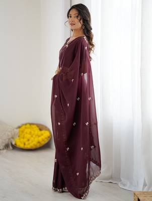 dark purple georgette saree with embroidery & moti work and unstitched blouse premium wedding saree 3