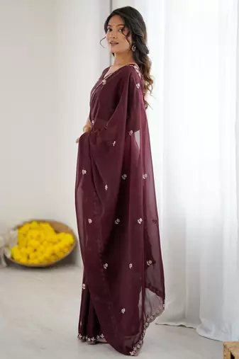 dark purple georgette saree with embroidery & moti work and unstitched blouse premium wedding saree