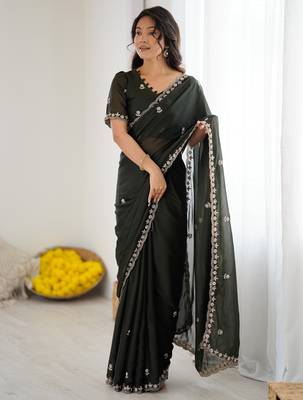 mehendi green georgette saree with embroidery & moti work and unstitched blouse elegant party wear saree 4