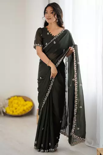 mehendi green georgette saree with embroidery & moti work and unstitched blouse elegant party wear saree
