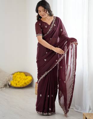 dark purple georgette saree with embroidery & moti work and unstitched blouse premium wedding saree 4