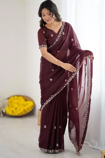 dark purple georgette saree with embroidery & moti work and unstitched blouse premium wedding saree