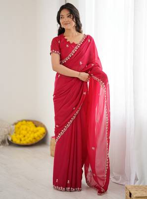 rani pink georgette saree with embroidery & moti work and unstitched blouse saree for festive wear 1