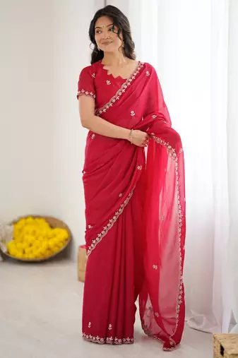 rani pink georgette saree with embroidery & moti work and unstitched blouse – designer saree for festive wear