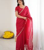 rani pink georgette saree with embroidery & moti work and unstitched blouse   designer saree for festive wear