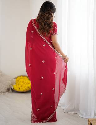 rani pink georgette saree with embroidery & moti work and unstitched blouse saree for festive wear 2