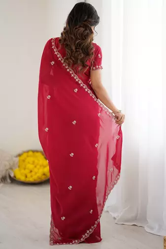 rani pink georgette saree with embroidery & moti work and unstitched blouse saree for festive wear