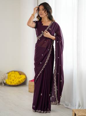 wine georgette saree with embroidery & moti work and unstitched blouse festive saree 1