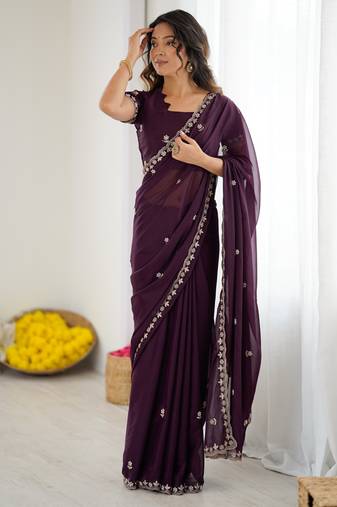 wine georgette saree with embroidery & moti work and unstitched blouse – traditional festive saree
