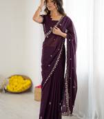 wine georgette saree with embroidery & moti work and unstitched blouse   traditional festive saree