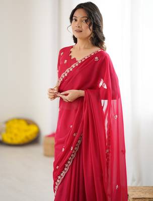 rani pink georgette saree with embroidery & moti work and unstitched blouse saree for festive wear 3