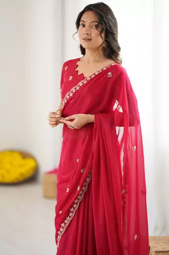 rani pink georgette saree with embroidery & moti work and unstitched blouse saree for festive wear