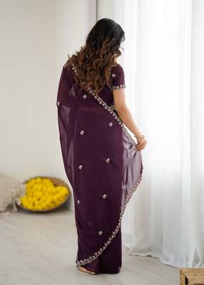 wine georgette saree with embroidery & moti work and unstitched blouse festive saree 2