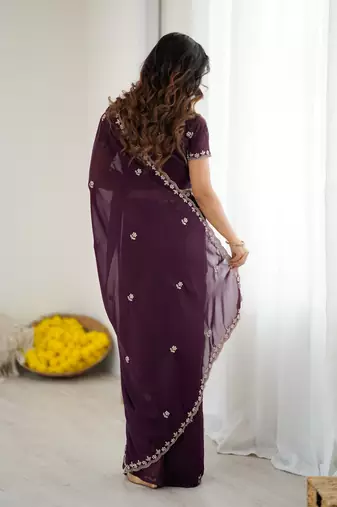 wine georgette saree with embroidery & moti work and unstitched blouse festive saree
