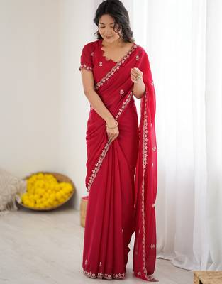 rani pink georgette saree with embroidery & moti work and unstitched blouse saree for festive wear 4