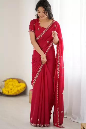 rani pink georgette saree with embroidery & moti work and unstitched blouse saree for festive wear