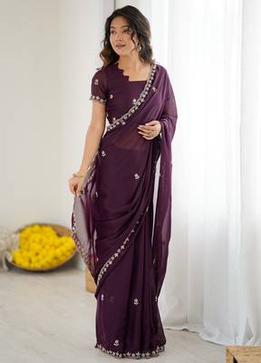 wine georgette saree with embroidery & moti work and unstitched blouse festive saree 3