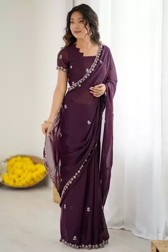 wine georgette saree with embroidery & moti work and unstitched blouse festive saree